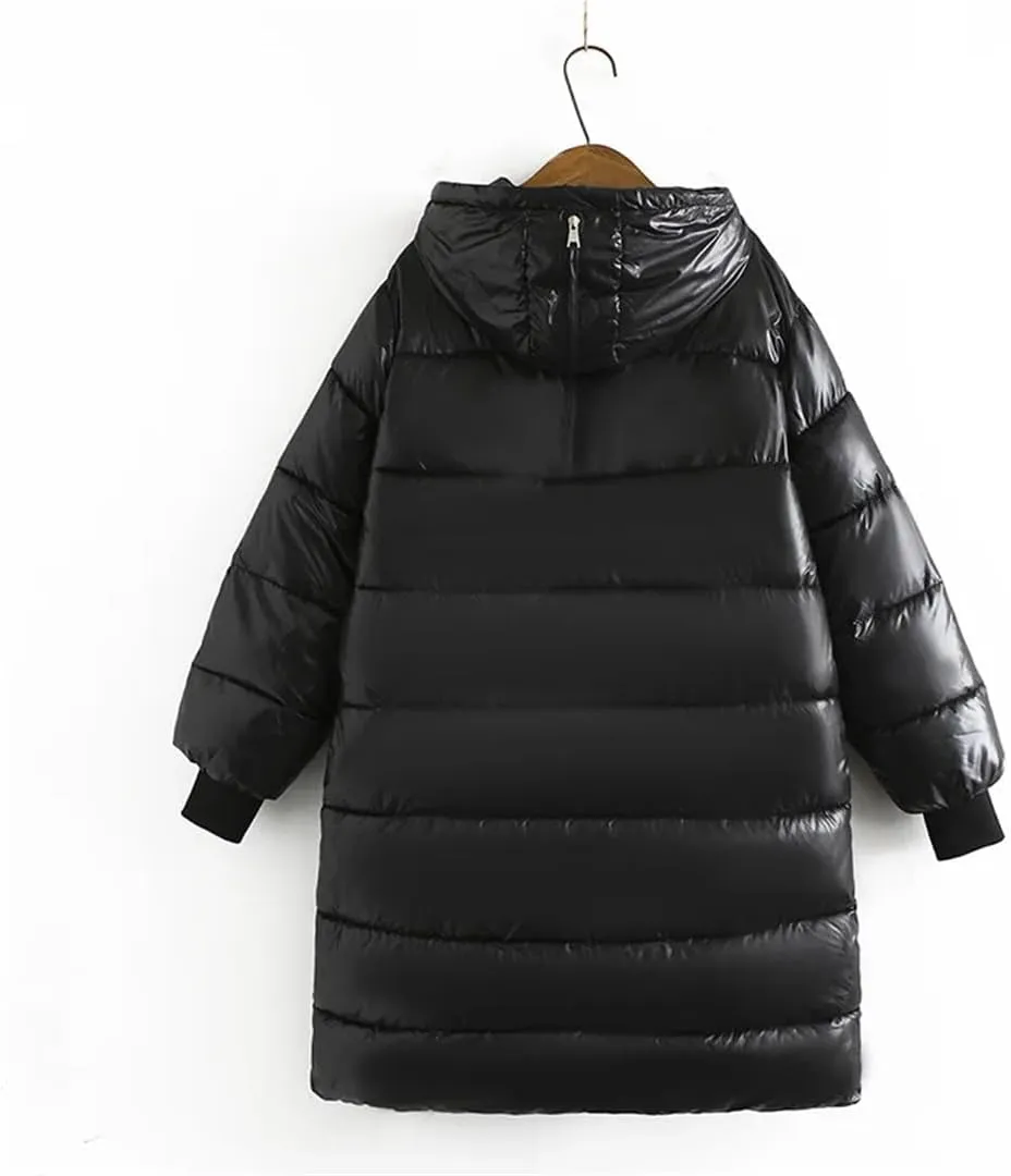 Alloaone Women Parka Winter Loose Zipper Hooded Long Cotton-Padded Warm Coat