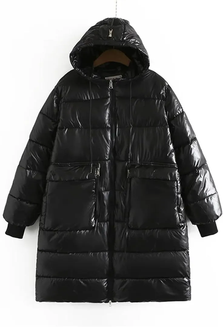 Alloaone Women Parka Winter Loose Zipper Hooded Long Cotton-Padded Warm Coat