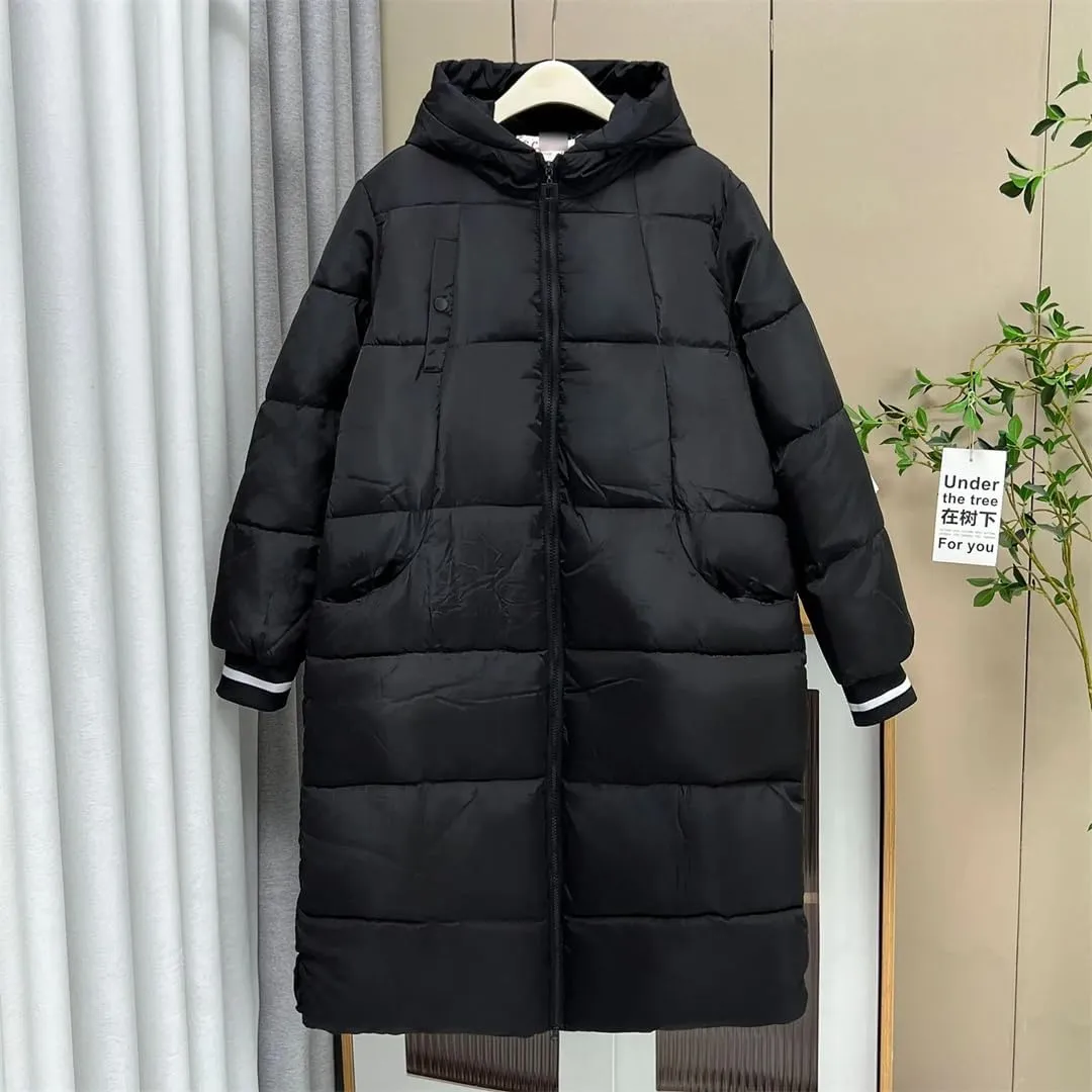 Alloaone Women Winter Parka Loose Black Thick Hooded Stripe Cuffs Cotton-Padded Warm Coat