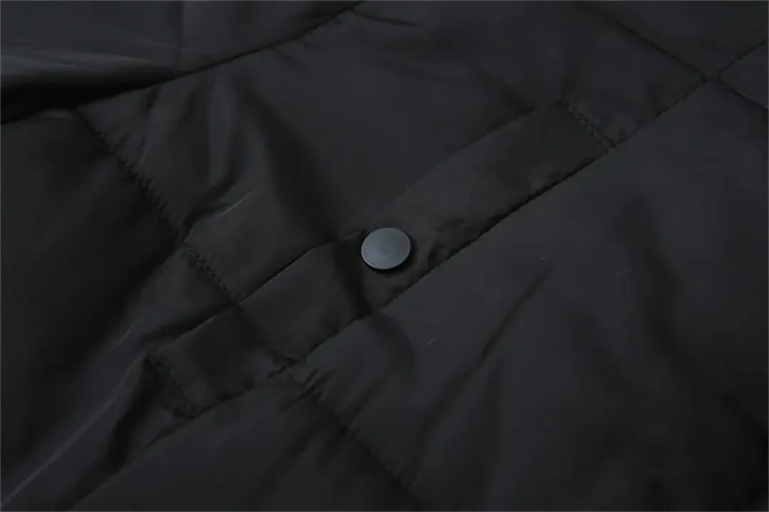 Alloaone Women Winter Parka Loose Black Thick Hooded Stripe Cuffs Cotton-Padded Warm Coat