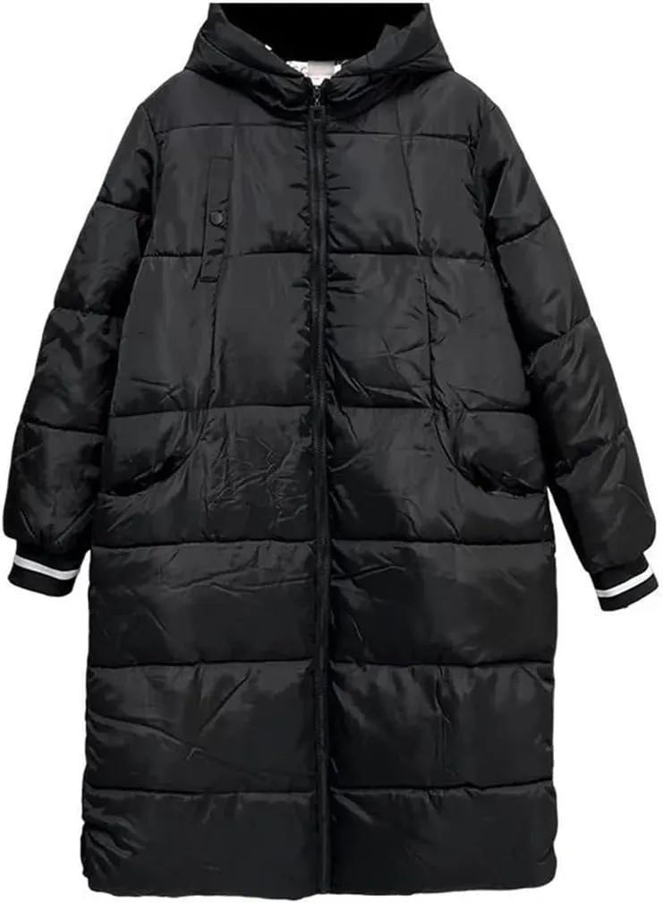 Alloaone Women Winter Parka Loose Black Thick Hooded Stripe Cuffs Cotton-Padded Warm Coat