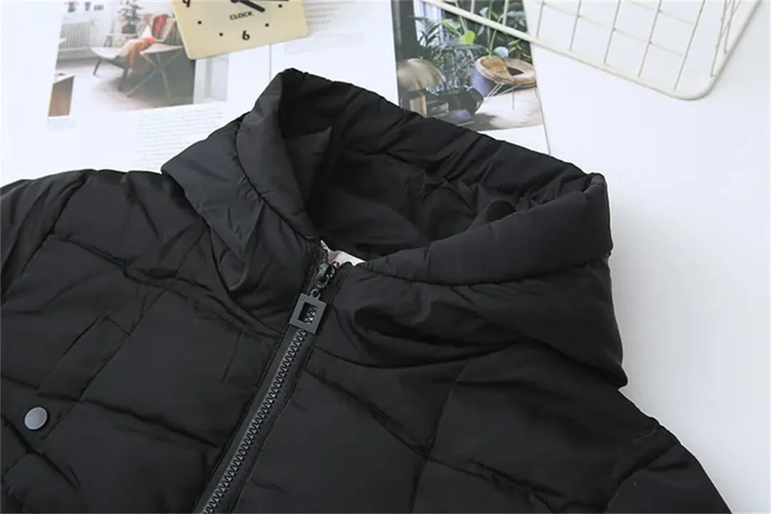 Alloaone Women Winter Parka Loose Black Thick Hooded Stripe Cuffs Cotton-Padded Warm Coat