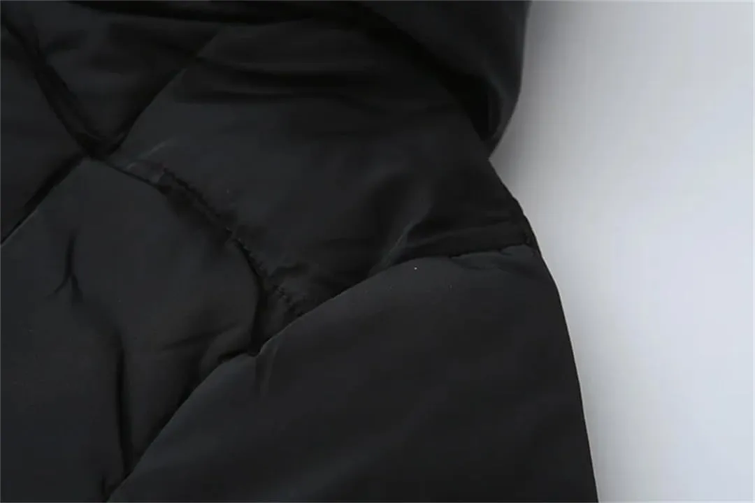 Alloaone Women Winter Parka Loose Black Thick Hooded Stripe Cuffs Cotton-Padded Warm Coat