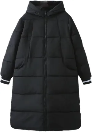 Alloaone Women Winter Parka Loose Black Thick Hooded Stripe Cuffs Cotton-Padded Warm Coat