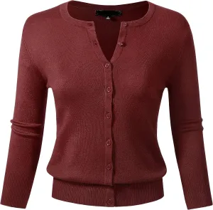 Allsense Womens Button Down 3/4 Sleeve Crew Neck Knit Cardigan Lightweight Soft Sweater