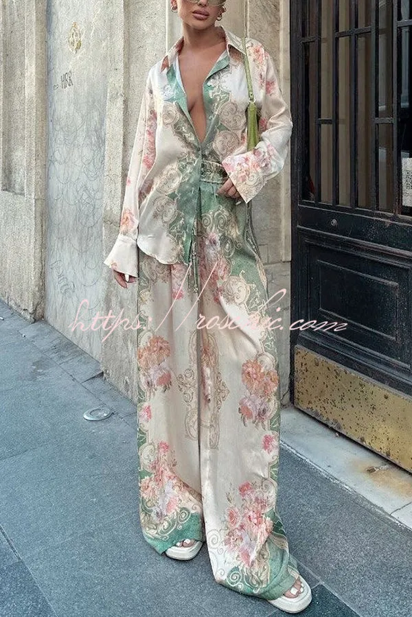 Antibes Satin Court Unique Printed Long Sleeve Loose Shirt and Elastic Waist Pants Set