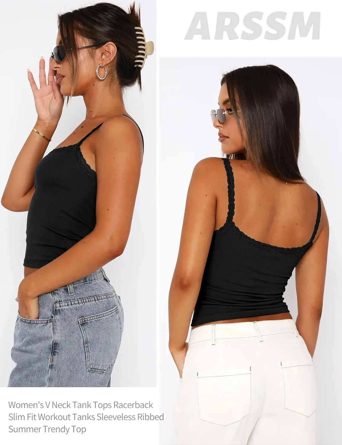 Arssm Womans 3 Pack Lace Camisole Sleeveless Square Neck Tank Soft Ribbed Cami Y2K Crop Knit Trim Fit Tops