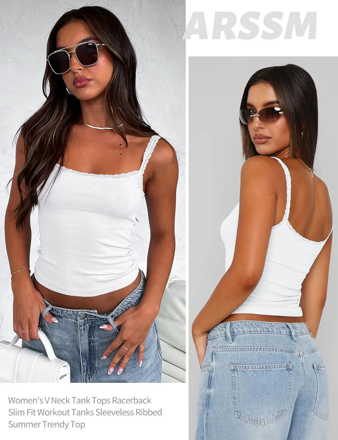 Arssm Womans 3 Pack Lace Camisole Sleeveless Square Neck Tank Soft Ribbed Cami Y2K Crop Knit Trim Fit Tops