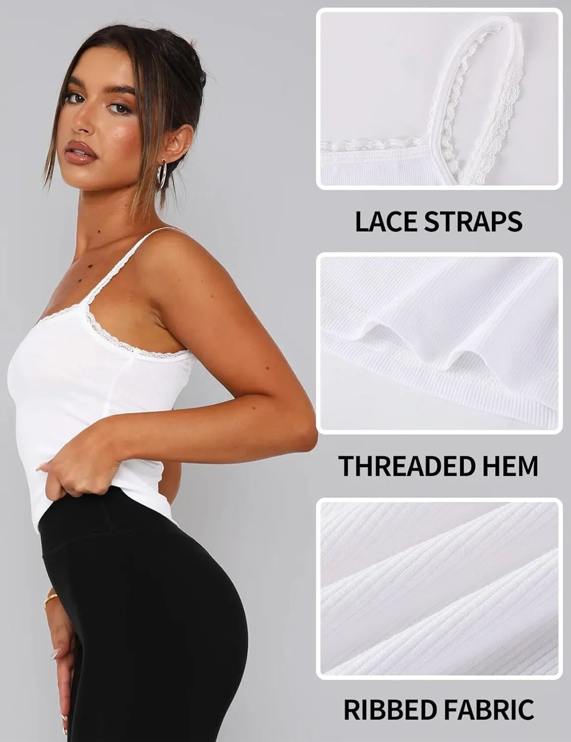 Arssm Womans 3 Pack Lace Camisole Sleeveless Square Neck Tank Soft Ribbed Cami Y2K Crop Knit Trim Fit Tops