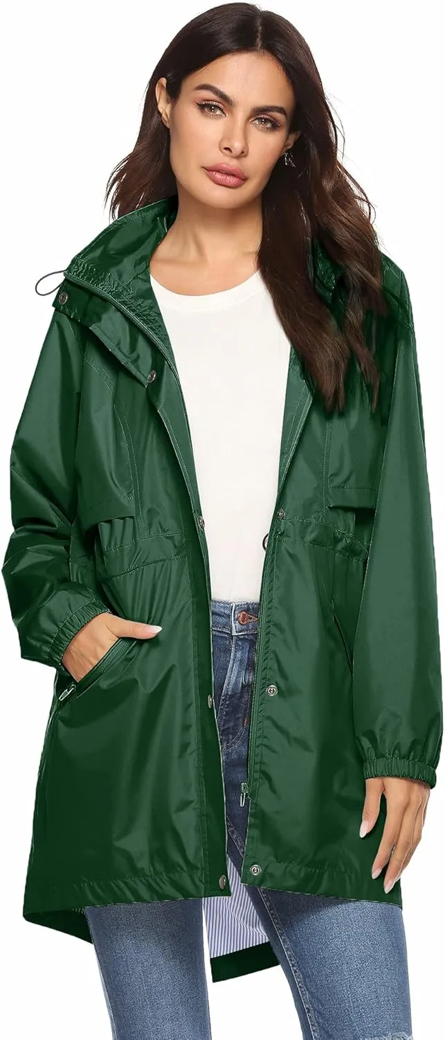 Avoogue Womens Raincoats Waterproof Cinch Waist Breathable All Weather Jacket Long