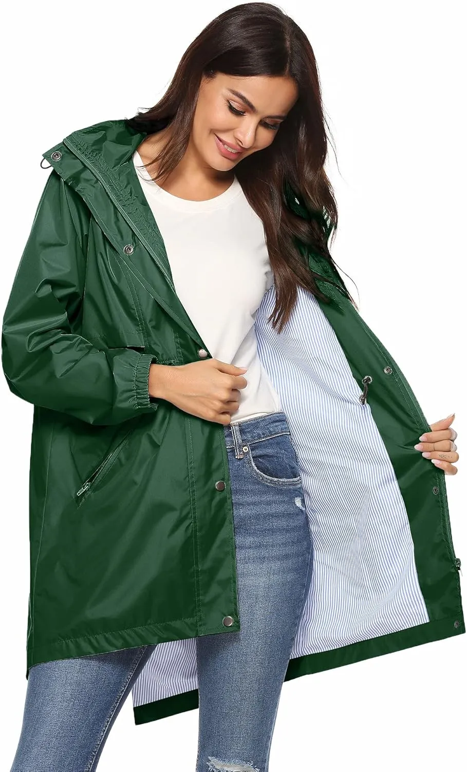 Avoogue Womens Raincoats Waterproof Cinch Waist Breathable All Weather Jacket Long