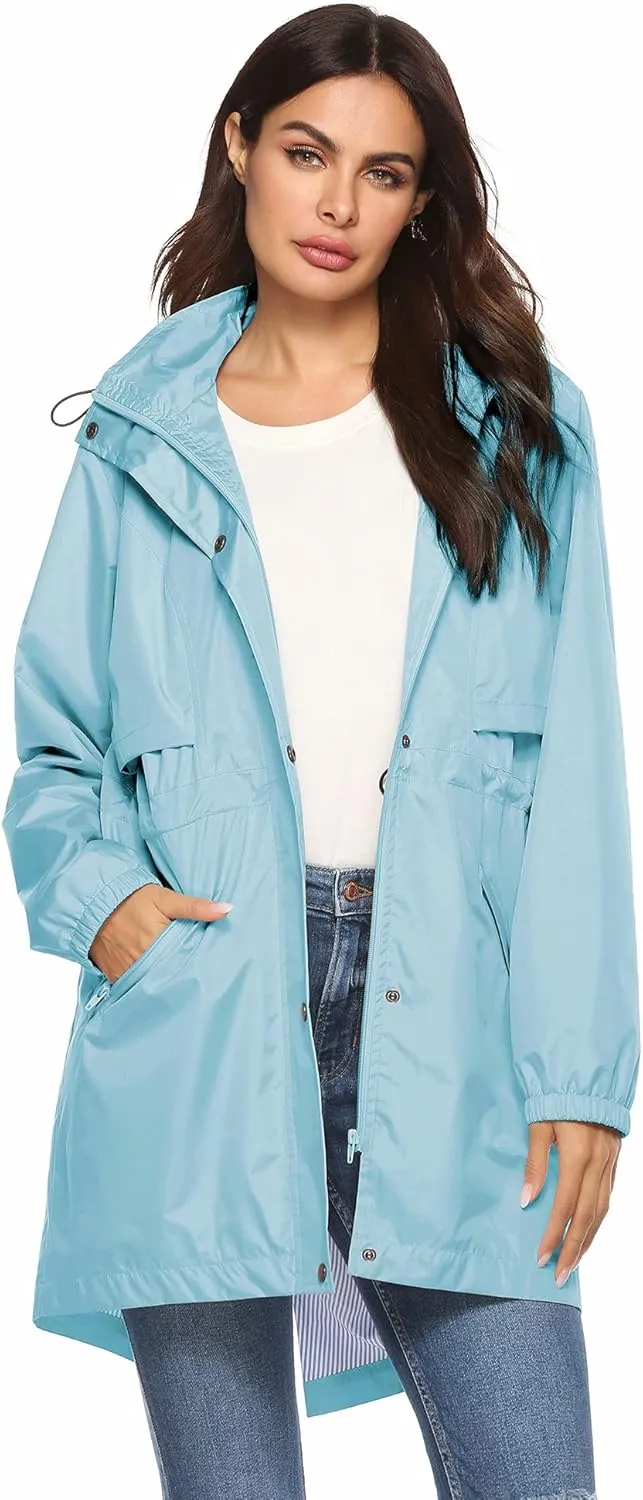Avoogue Womens Raincoats Waterproof Cinch Waist Breathable All Weather Jacket Long