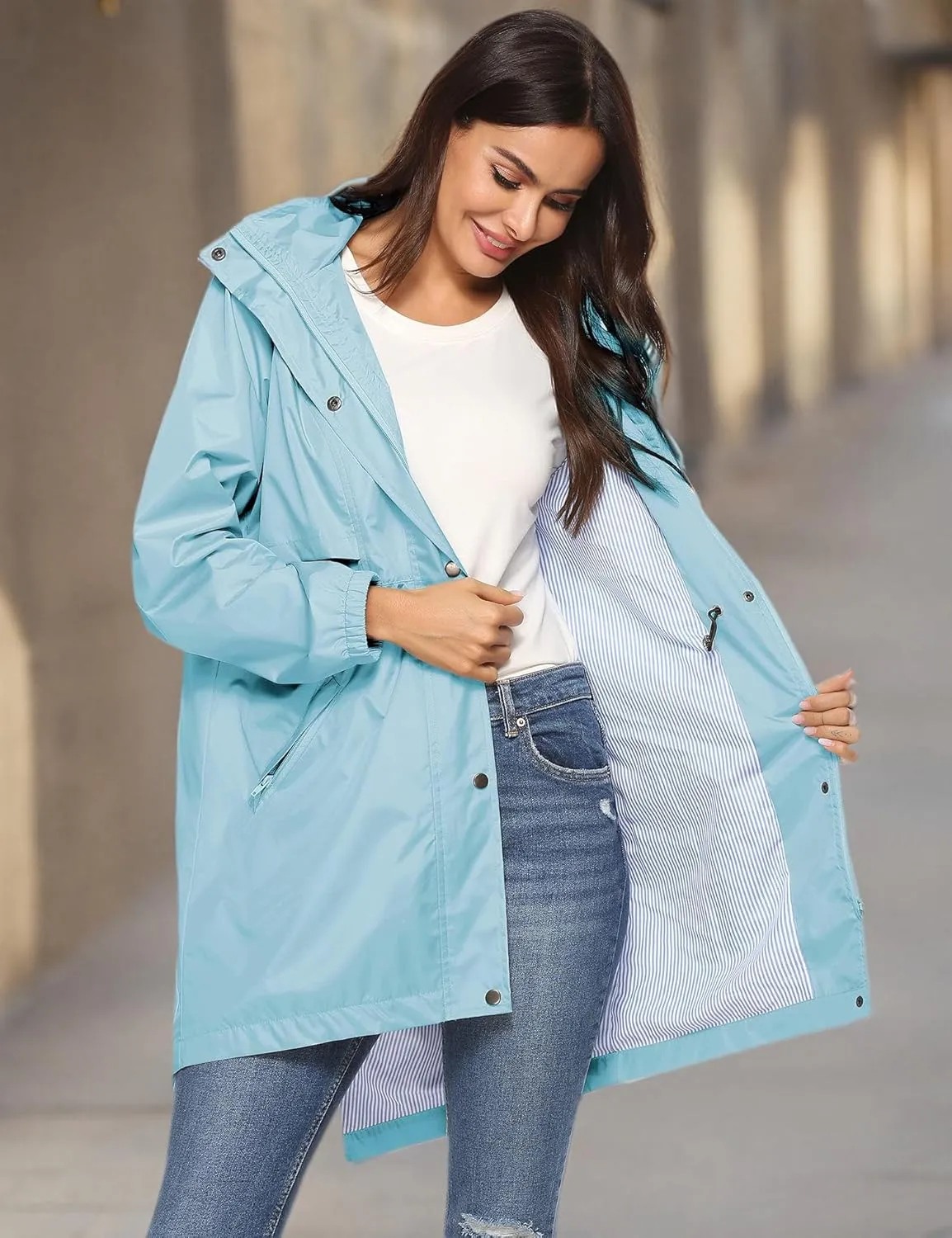 Avoogue Womens Raincoats Waterproof Cinch Waist Breathable All Weather Jacket Long