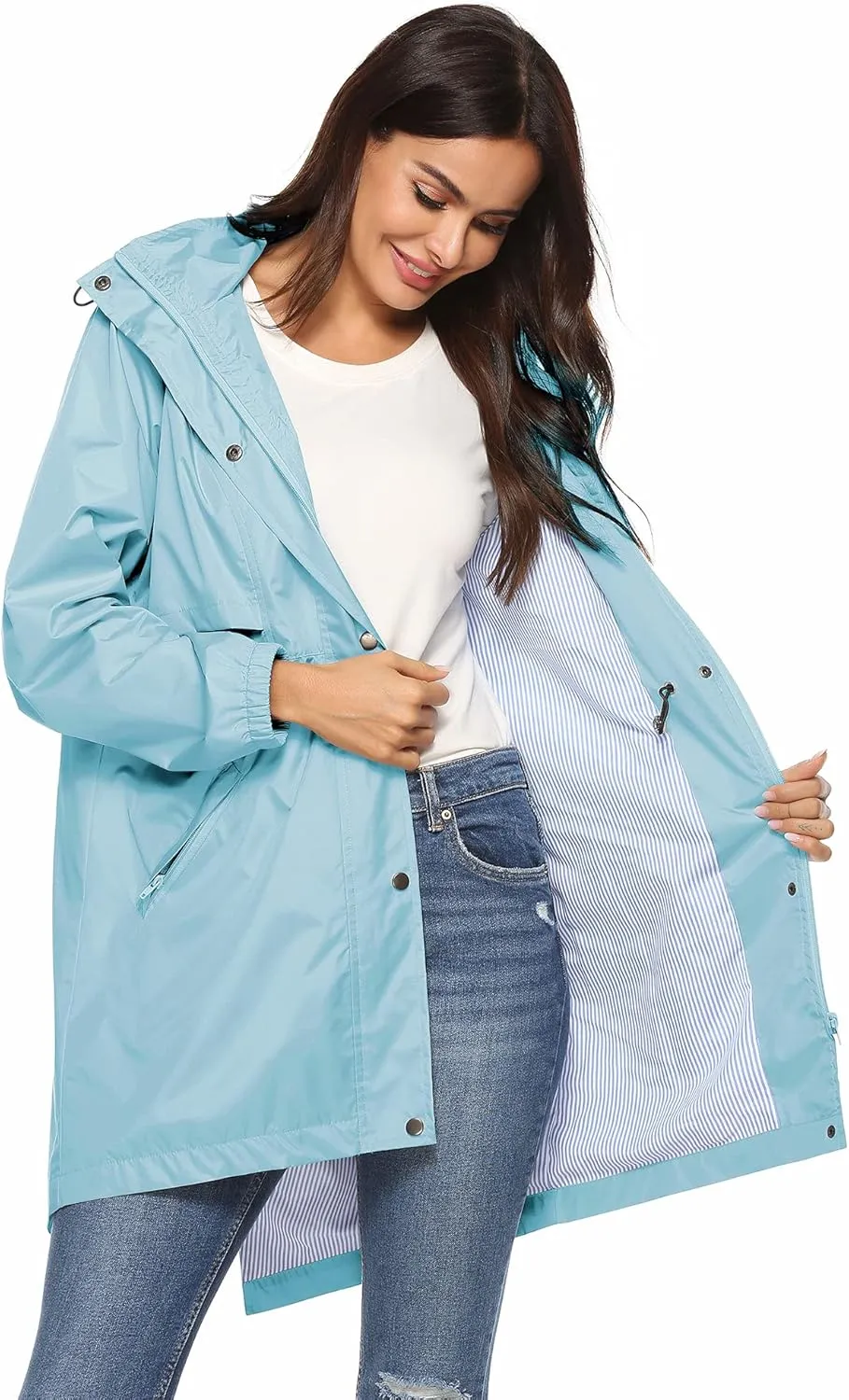 Avoogue Womens Raincoats Waterproof Cinch Waist Breathable All Weather Jacket Long