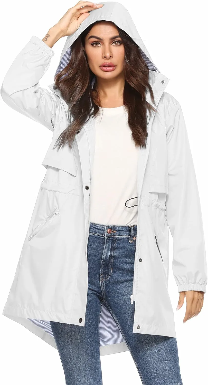 Avoogue Womens Raincoats Waterproof Cinch Waist Breathable All Weather Jacket Long