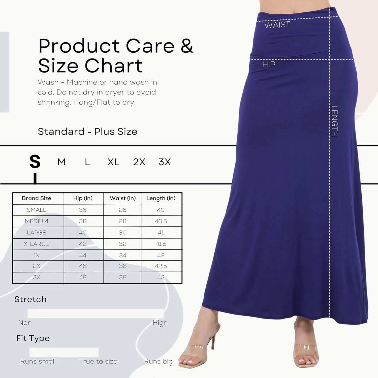 Azules High Waisted Maxi Skirts for Women - Standard & Plus Size Ankle Length Skirt - Formal & Casual Long Skirt for Women