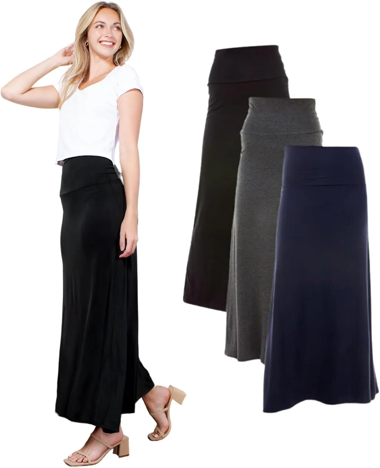 Azules High Waisted Maxi Skirts for Women - Standard & Plus Size Ankle Length Skirt - Formal & Casual Long Skirt for Women