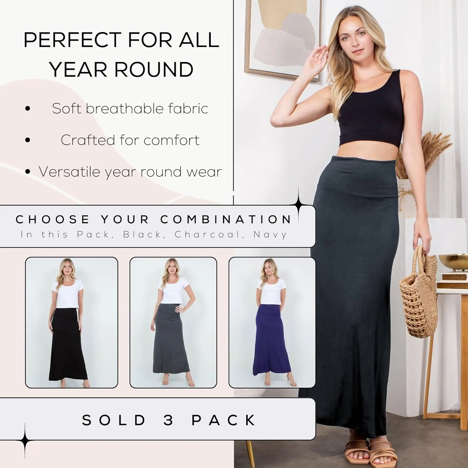 Azules High Waisted Maxi Skirts for Women - Standard & Plus Size Ankle Length Skirt - Formal & Casual Long Skirt for Women