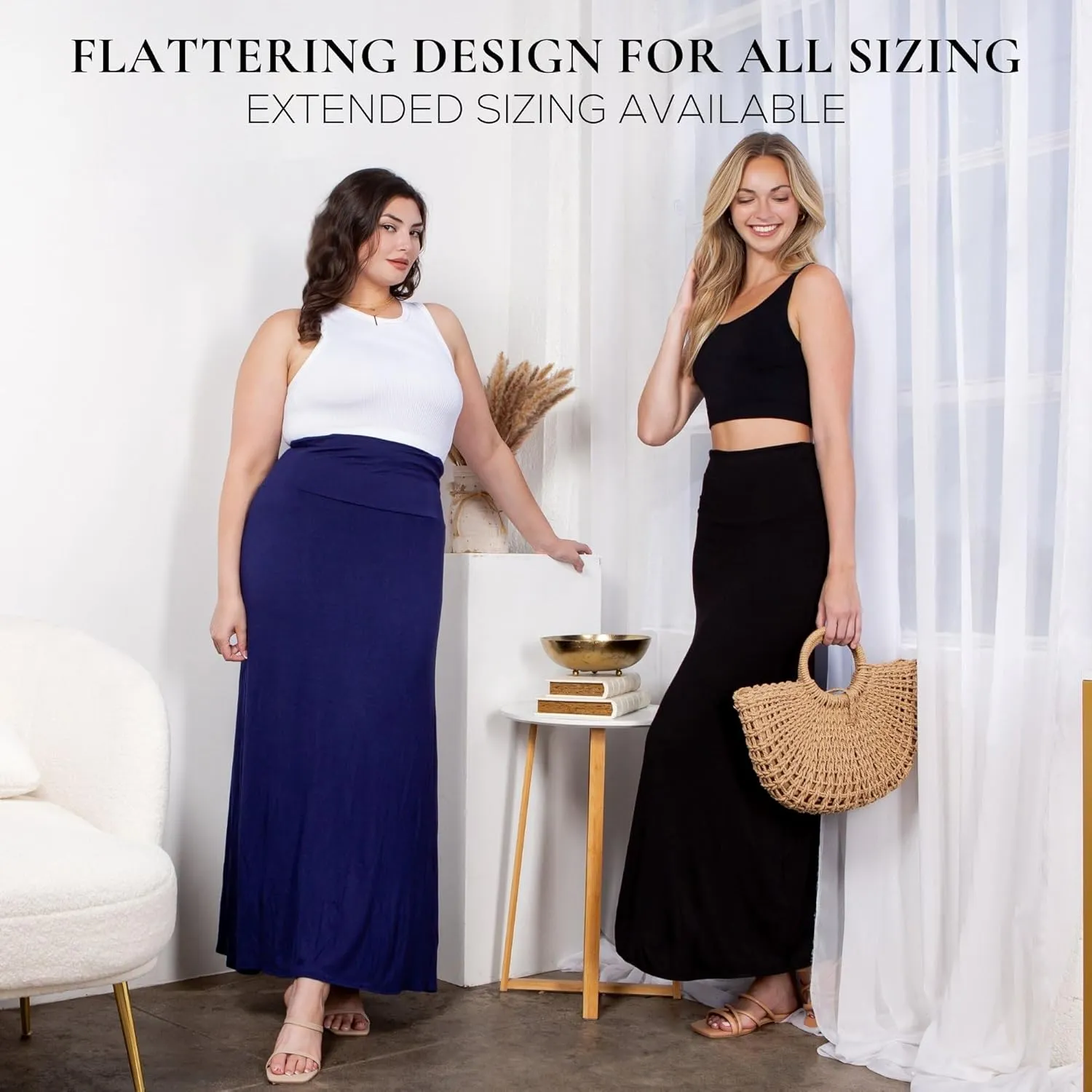 Azules High Waisted Maxi Skirts for Women - Standard & Plus Size Ankle Length Skirt - Formal & Casual Long Skirt for Women