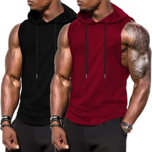 Babioboa Men's Workout Hooded Tank Top 2 Pack Sports Training Sleeveless Gym Hoodie Bodybuilding Cut Off Muscle Shirts