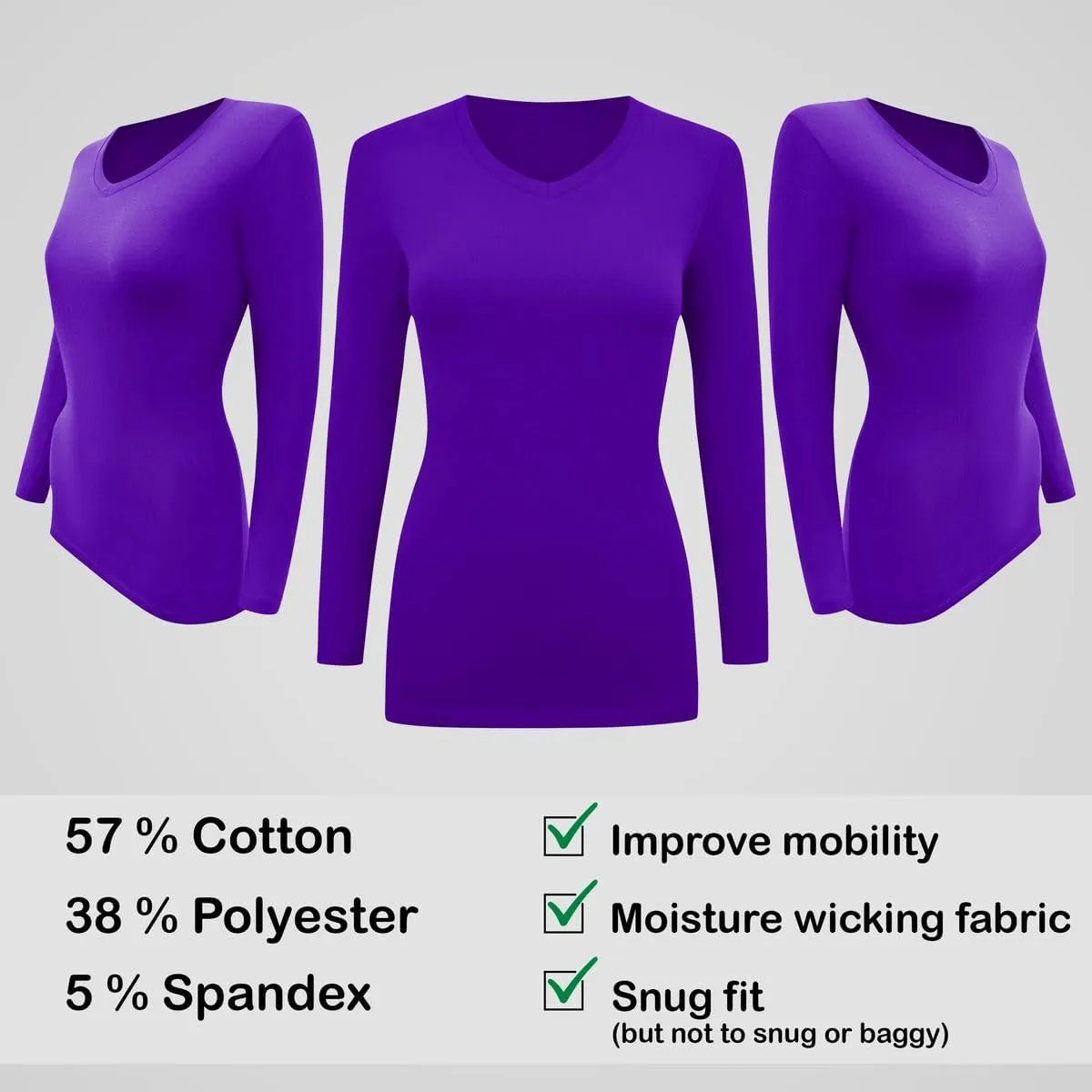 BaHoki Essentials Long Sleeve V-Neck Undershirts - Great Stretch and Layering Piece - 5 Pack