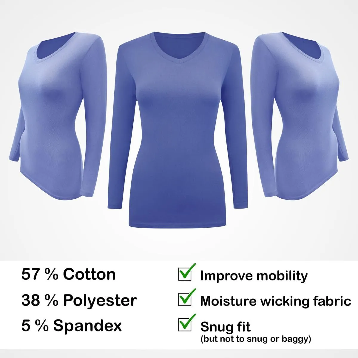 BaHoki Essentials Long Sleeve V-Neck Undershirts - Great Stretch and Layering Piece - 5 Pack