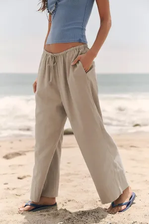 Bankeng Women's Cotton Linen Palazzo Pants Drawstring Elastic Waist Casual Wide Leg Beach Trousers with Pockets