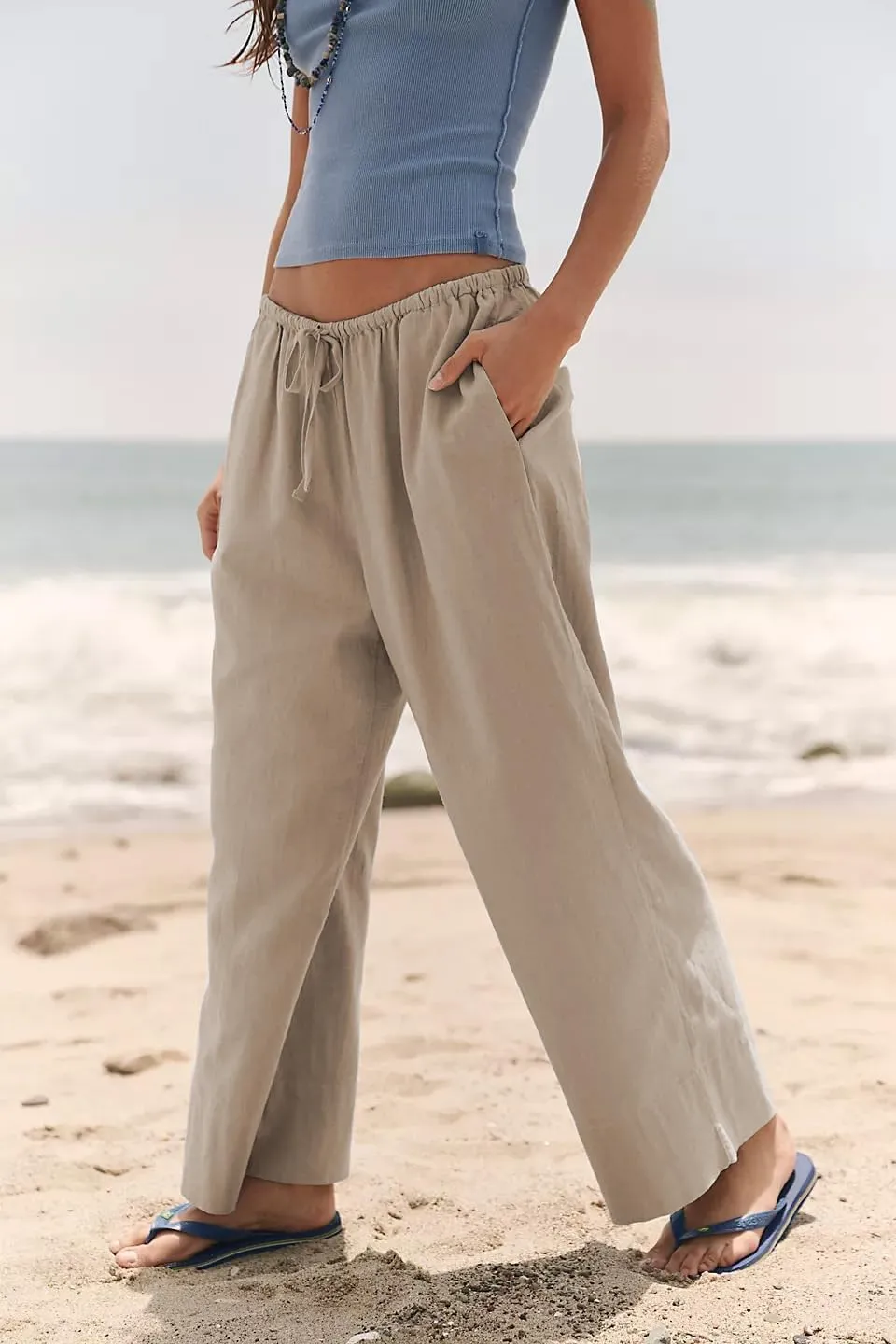 Bankeng Women's Cotton Linen Palazzo Pants Drawstring Elastic Waist Casual Wide Leg Beach Trousers with Pockets