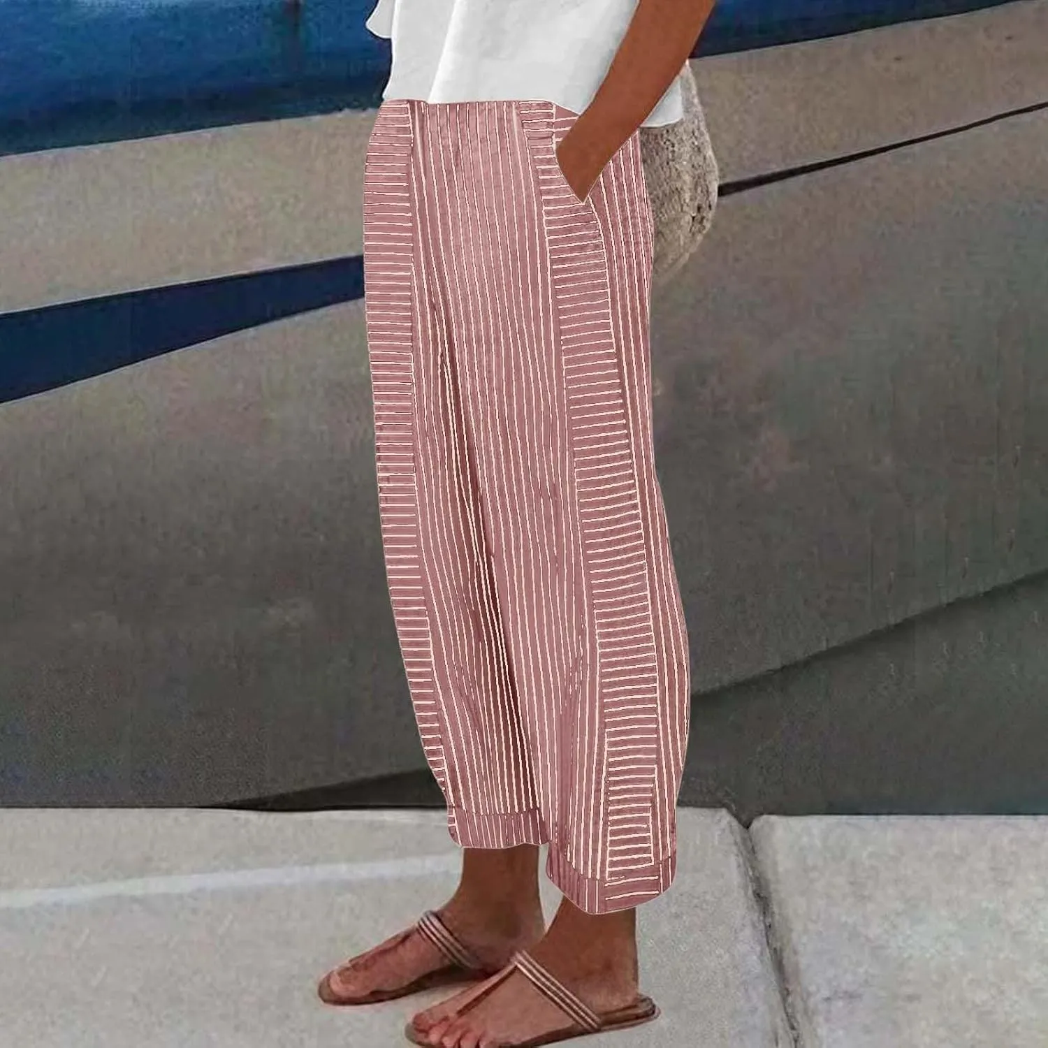 Beach Vacation Clothes for Women Elastic Waist Side Back Four Pockets 9/10 Pants Petite Summer Beachwear