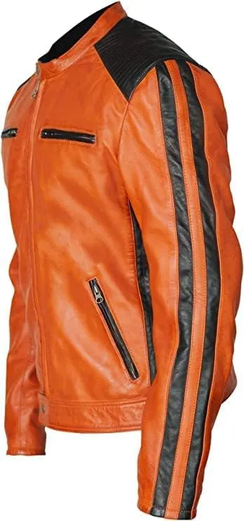 Biker Jackets For Men Orange Real Genuine Sheepskin Waxed Motorcycle Jacket