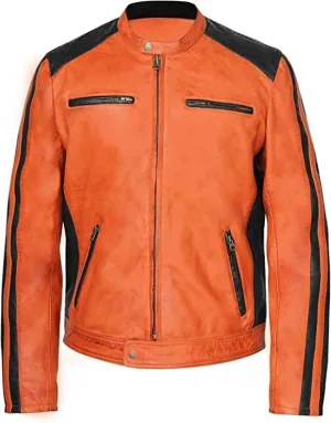 Biker Jackets For Men Orange Real Genuine Sheepskin Waxed Motorcycle Jacket