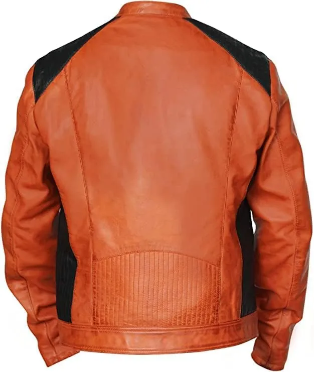 Biker Jackets For Men Orange Real Genuine Sheepskin Waxed Motorcycle Jacket