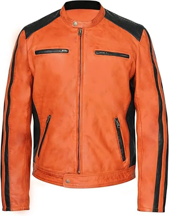 Biker Jackets For Men Orange Real Genuine Sheepskin Waxed Motorcycle Jacket