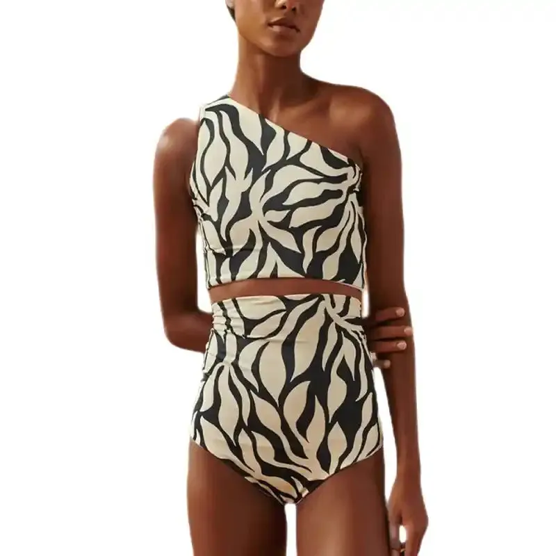 Black And White Printed High Waist Off Shoulder Bikini