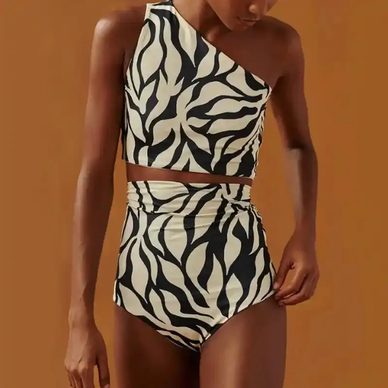 Black And White Printed High Waist Off Shoulder Bikini