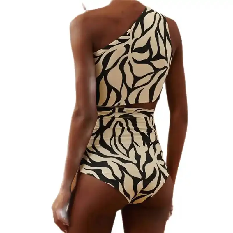 Black And White Printed High Waist Off Shoulder Bikini