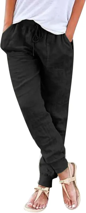 Black Linen Pants Women Tapered Summer Drawstring Elastic Waist High Waisted Lounge Sweatpants Casual Beach Trousers