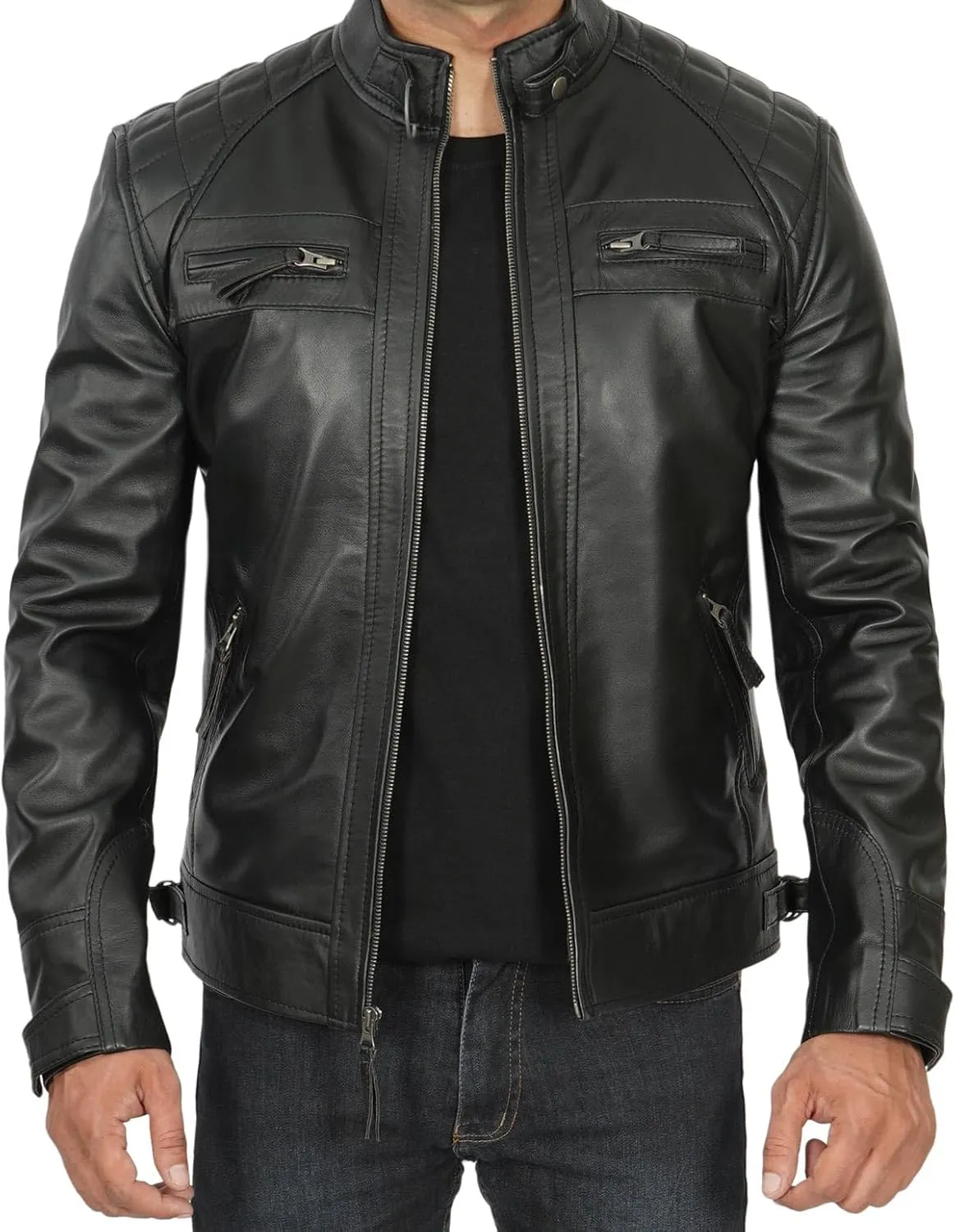 Blingsoul Leather Jacket Men - Quilted Cafe Racer Leather Jackets For Men