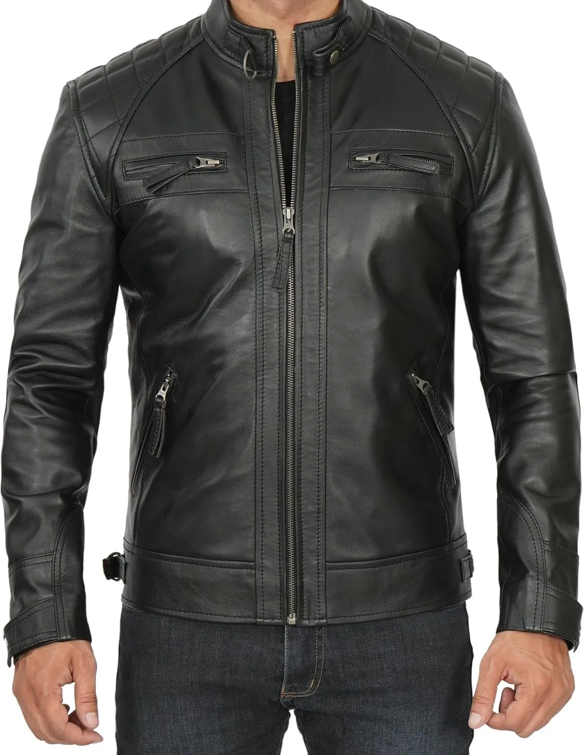 Blingsoul Leather Jacket Men - Quilted Cafe Racer Leather Jackets For Men