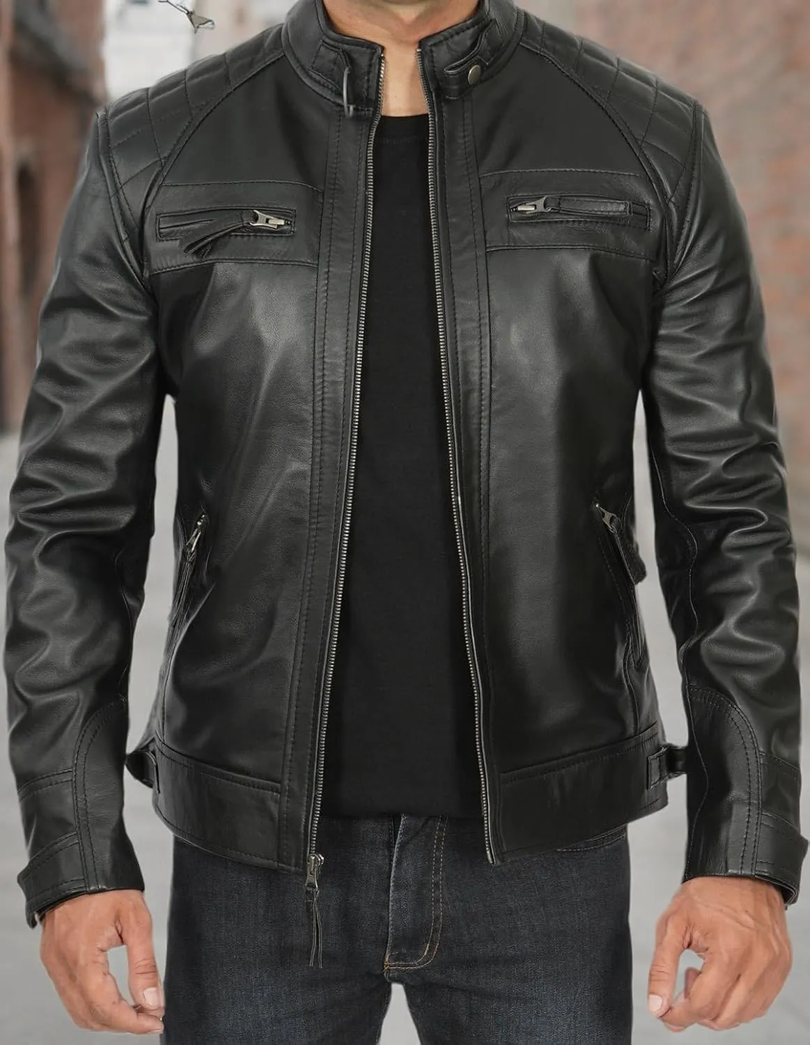 Blingsoul Leather Jacket Men - Quilted Cafe Racer Leather Jackets For Men