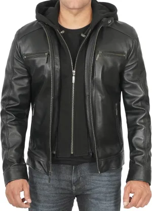 Blingsoul Mens Leather Jacket Removable Hooded Black Leather Jackets For Men
