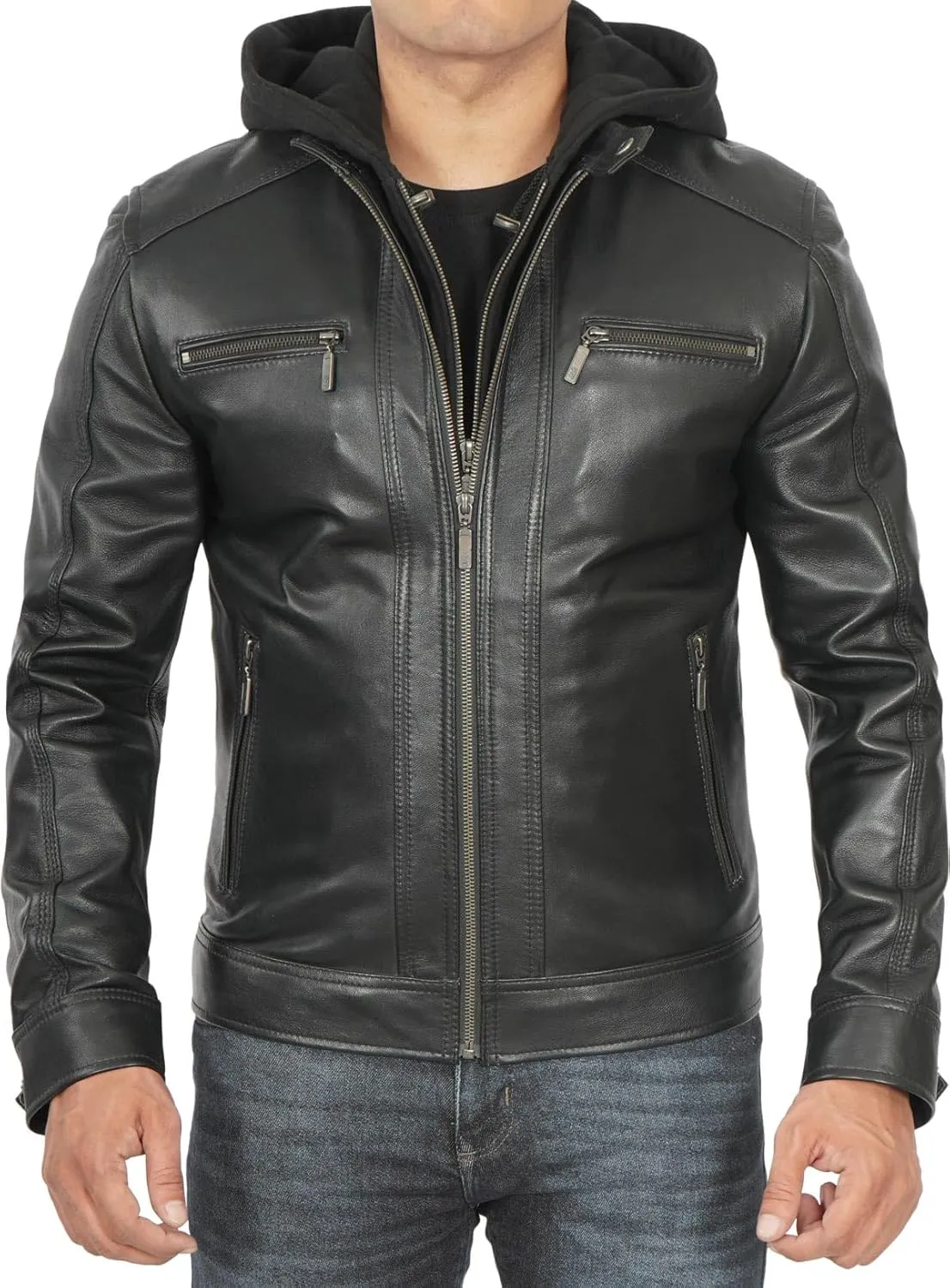 Blingsoul Mens Leather Jacket Removable Hooded Black Leather Jackets For Men