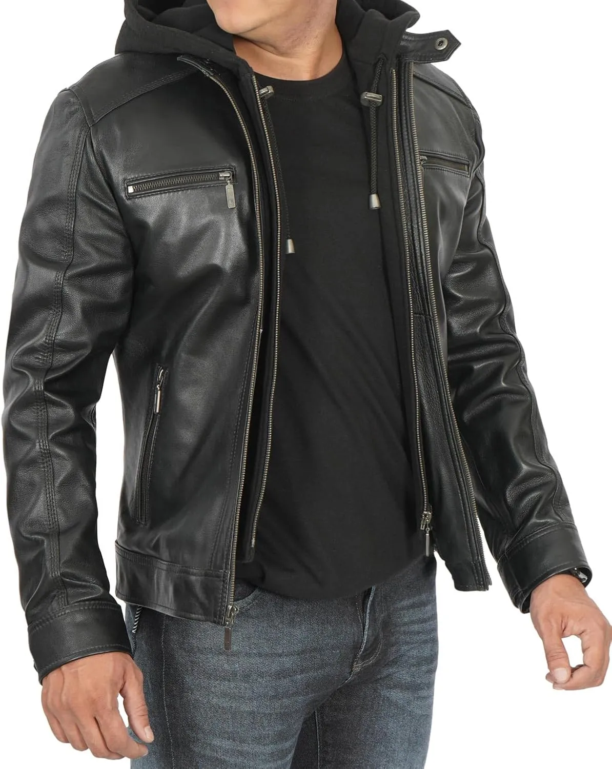 Blingsoul Mens Leather Jacket Removable Hooded Black Leather Jackets For Men