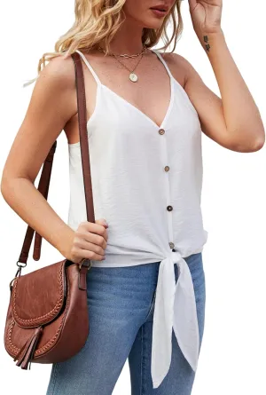 BLUEMING Summer Tank Tops for Women Sleeveless V Neck Button Down Tie Front Spaghetti Strap Camisole Loose Fit Blouse Shirts