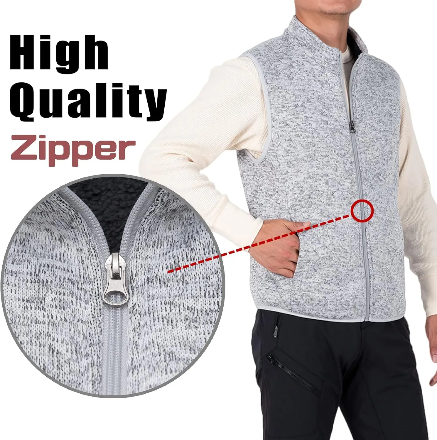 Bonnroth Mens Full Zip Sweater Fleece Vest, Sherpa Lined Stand Collar Vests with Pocket