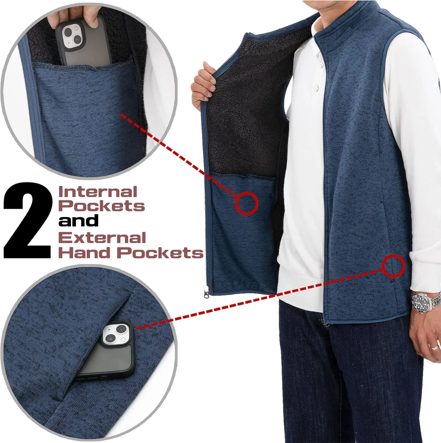 Bonnroth Mens Full Zip Sweater Fleece Vest, Sherpa Lined Stand Collar Vests with Pocket
