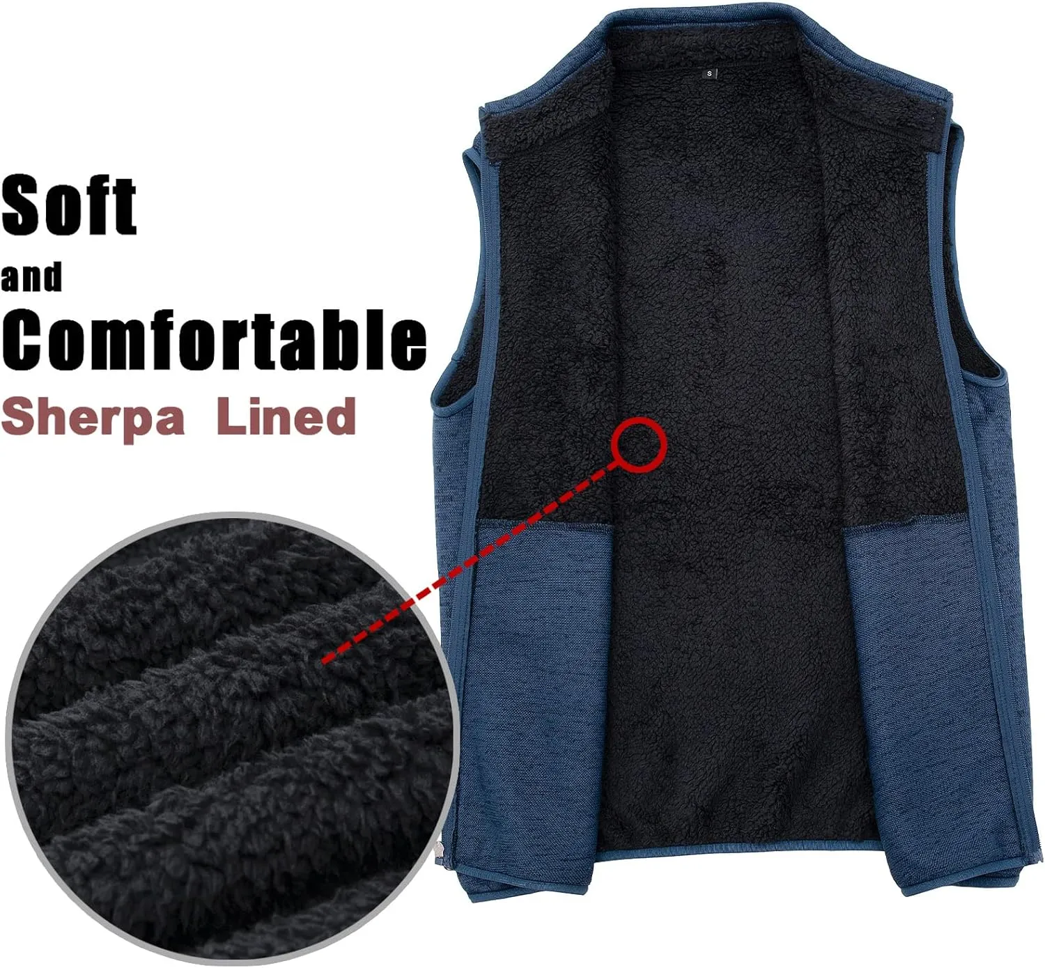 Bonnroth Mens Full Zip Sweater Fleece Vest, Sherpa Lined Stand Collar Vests with Pocket