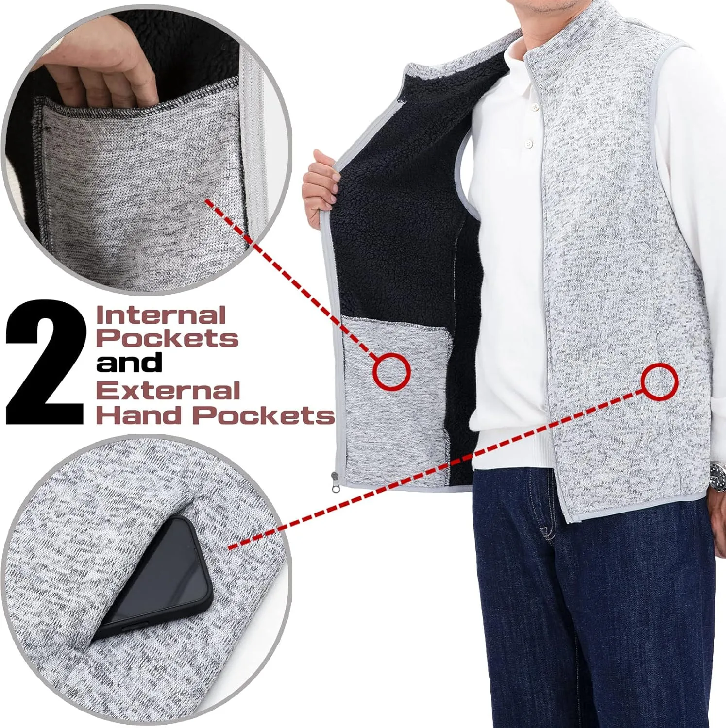 Bonnroth Mens Full Zip Sweater Fleece Vest, Sherpa Lined Stand Collar Vests with Pocket