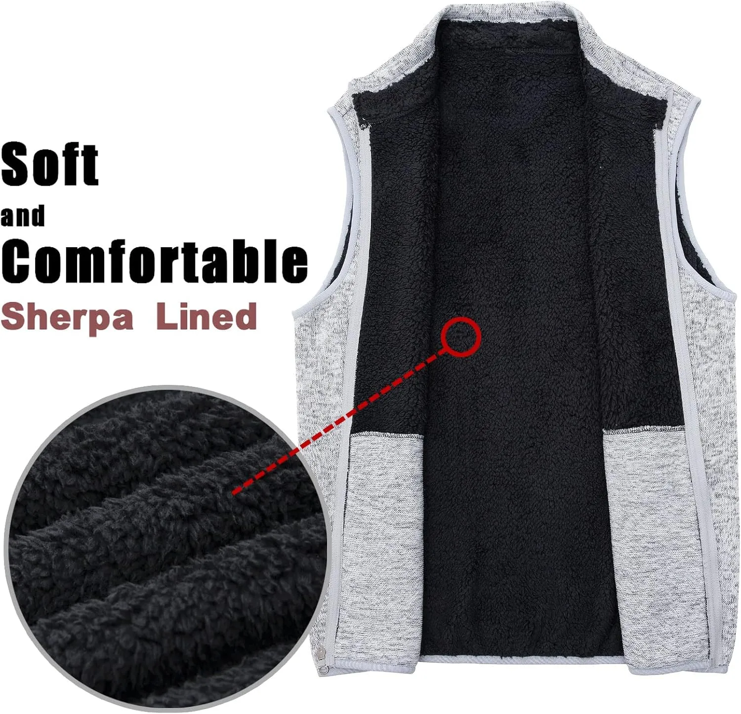 Bonnroth Mens Full Zip Sweater Fleece Vest, Sherpa Lined Stand Collar Vests with Pocket