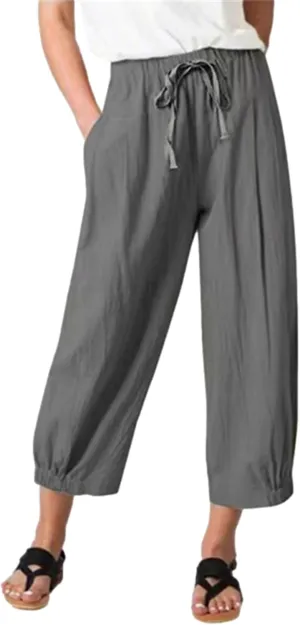 Bozanly Womens Summer Capri Pants Elastic Waist Cotton Linen Yoga Cropped Pants Trousers